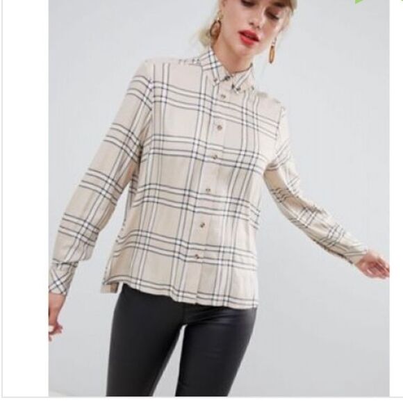 STRADIVARIUS Beige and White Check Blouse-M - Picture 1 of 7